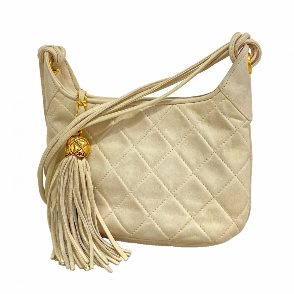CHANEL White Lambskin Leather Shoulder Bag
